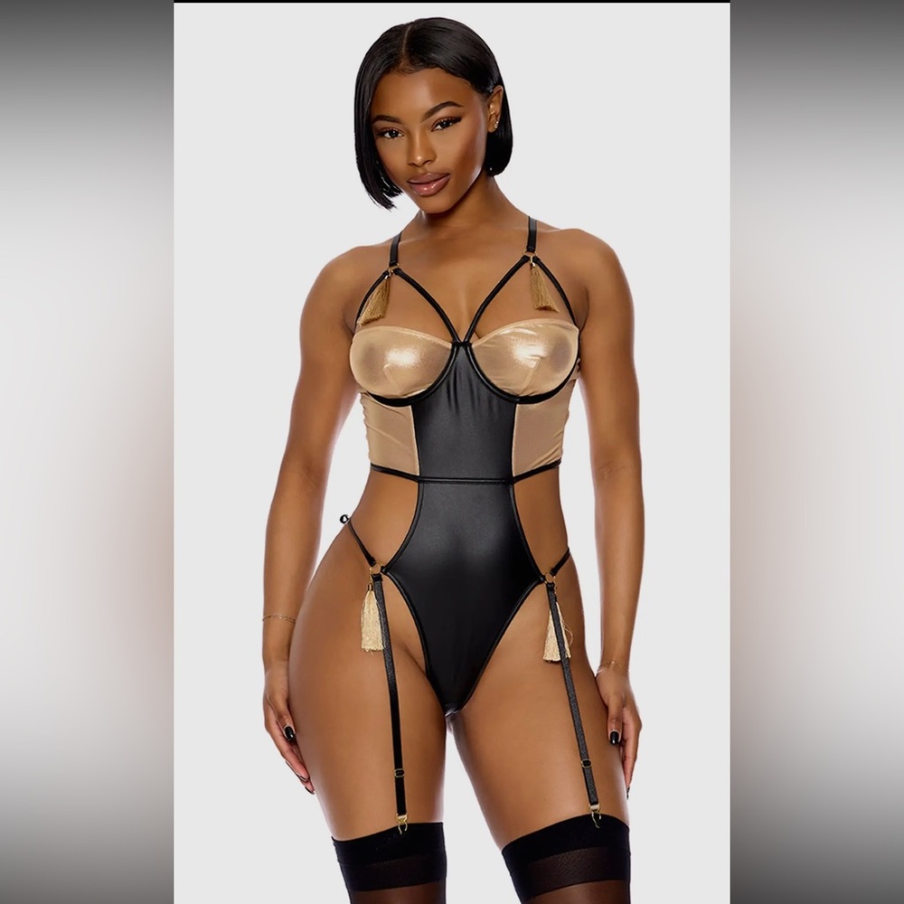 Gold and Black Strappy Reveling Bodysuit Lingerie